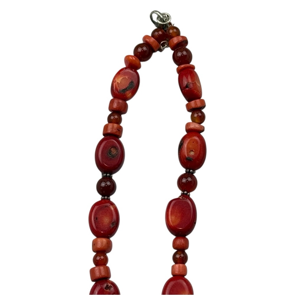 Red Beaded Statement Necklace Silver Accents 18” … - image 6